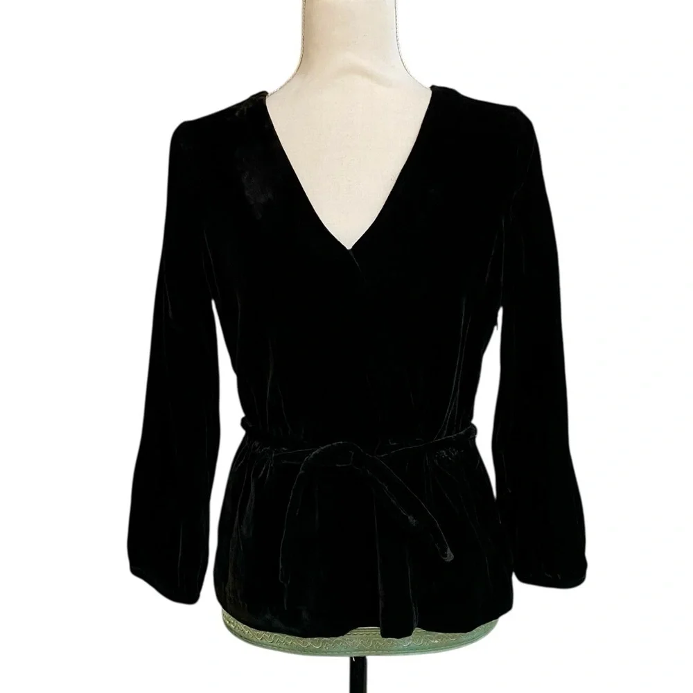 J.Crew Black Velvet Faux Wrap Tie Top Long Sleeve 6P NWT